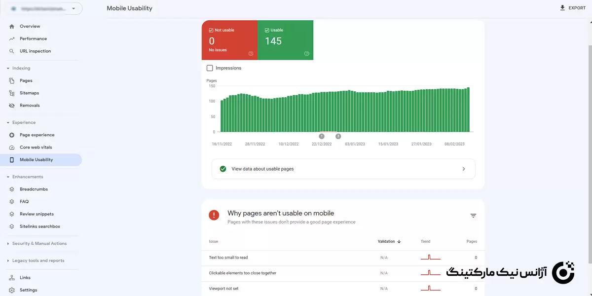 Mobile usability report در بخش experience سرچ کنسول
